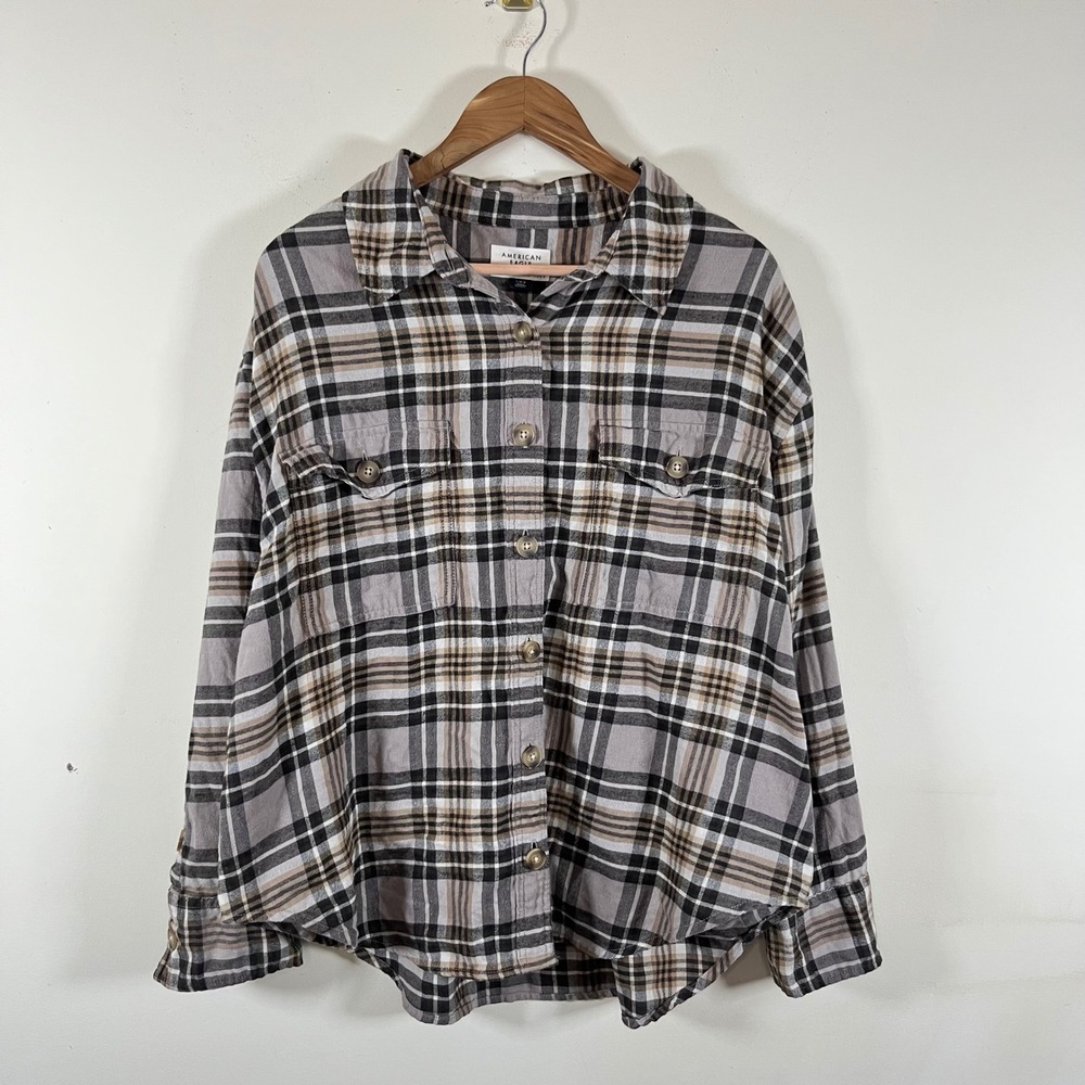 American Eagle Outfitters Plaid Flannel Button Down Shirt Neutral Gorpcore Large - Picture 2 of 7